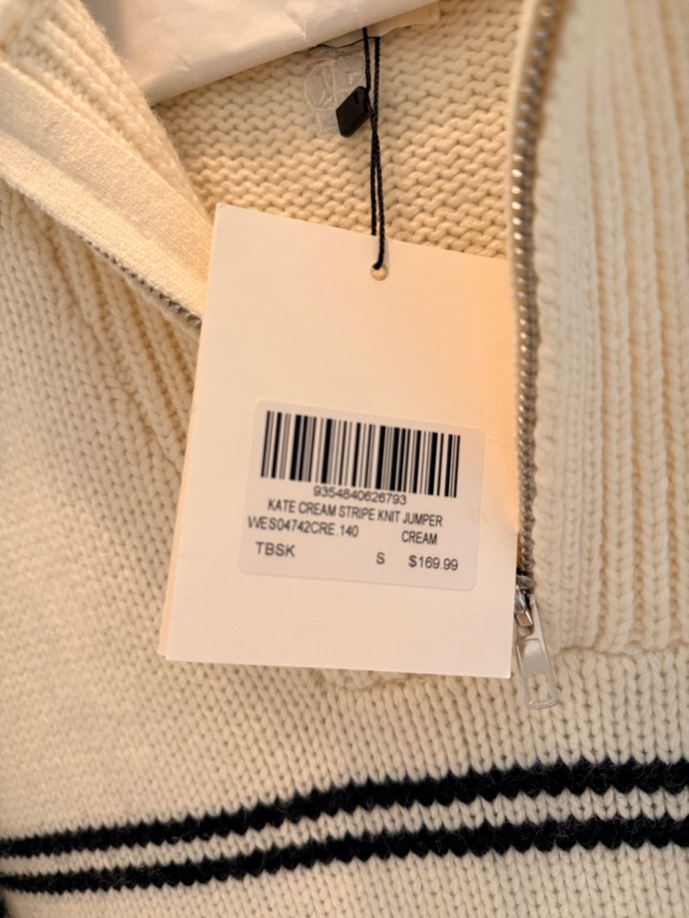 DISSH NWT Women's Cream Knit Quarter-Zip Sweater with Navy Stripes - Picture 2 of 5